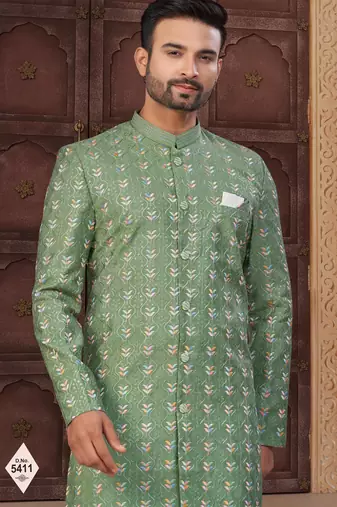 Green silk blend embroidered sherwani set