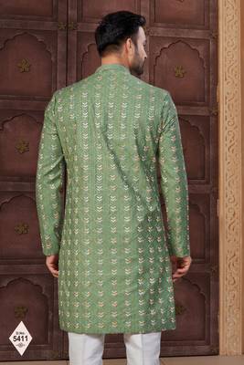 Green silk blend embroidered sherwani set 3