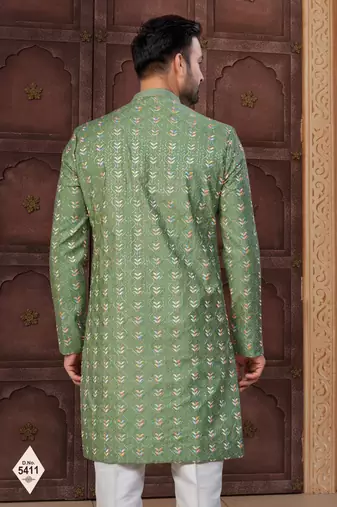 Green silk blend embroidered sherwani set