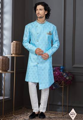 Blue faux jacquard embroidered sherwani set 1