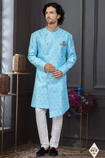 Blue faux jacquard embroidered sherwani set
