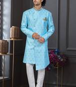 Blue faux jacquard embroidered sherwani set