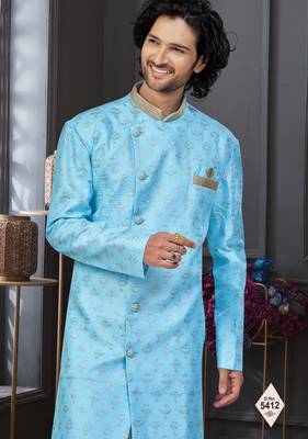 Blue faux jacquard embroidered sherwani set 2