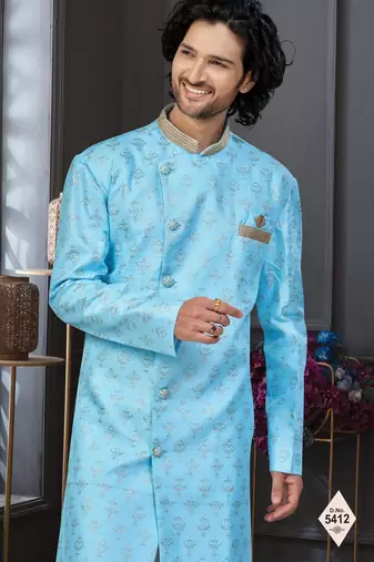 Blue faux jacquard embroidered sherwani set