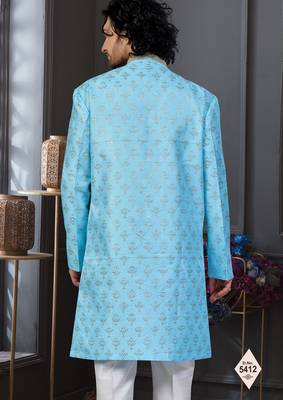 Blue faux jacquard embroidered sherwani set 3