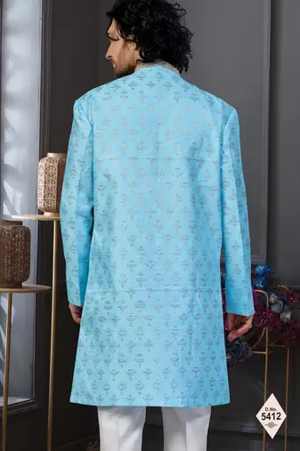 Blue faux jacquard embroidered sherwani set