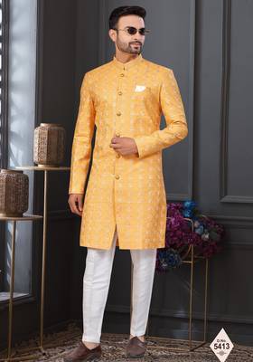 Yellow silk blend embroidered sherwani set 1