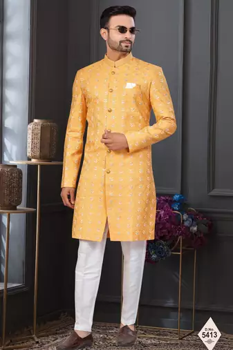 Yellow silk blend embroidered sherwani set