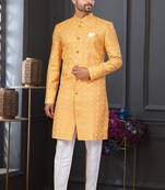 Yellow silk blend embroidered sherwani set