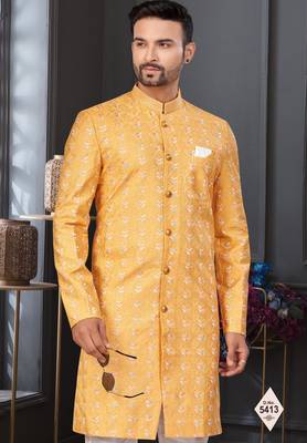 Yellow silk blend embroidered sherwani set 2