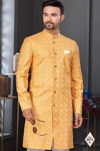 Yellow silk blend embroidered sherwani set