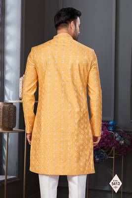 Yellow silk blend embroidered sherwani set 3