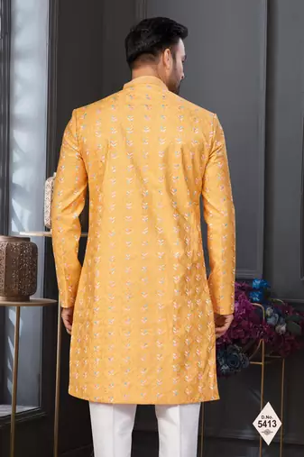 Yellow silk blend embroidered sherwani set