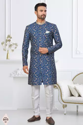 Blue silk blend embroidered sherwani set