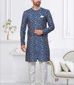 Blue silk blend embroidered sherwani set