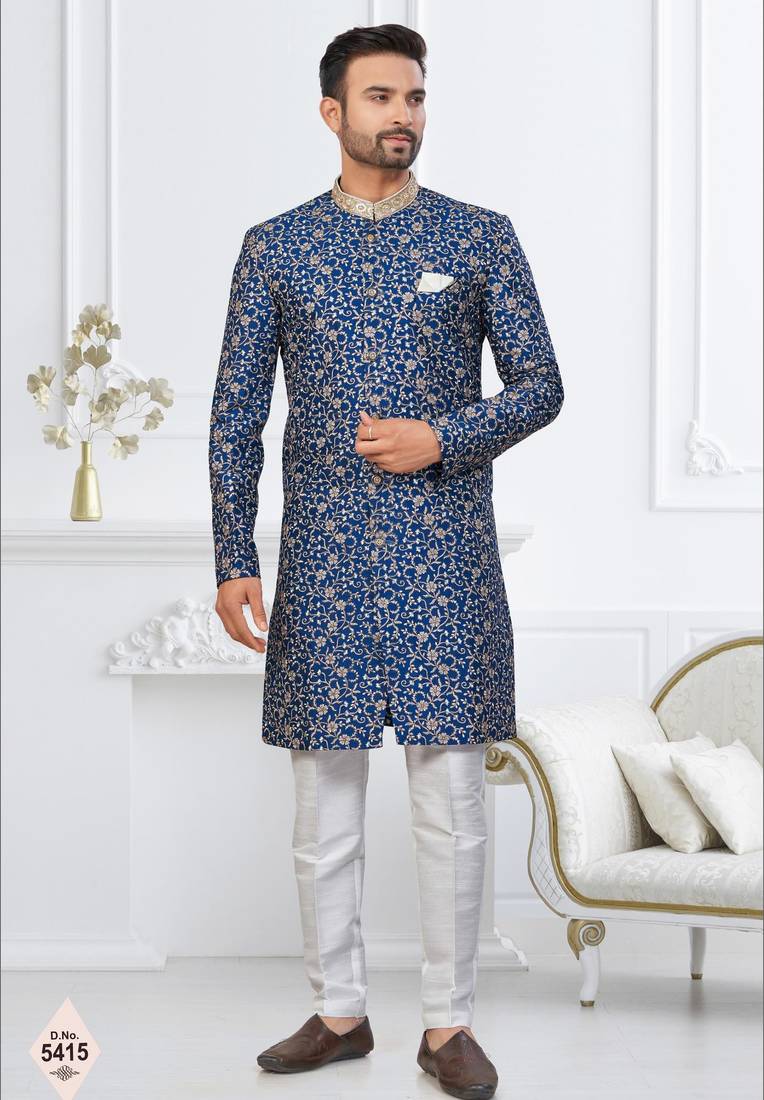 Blue silk blend embroidered sherwani set