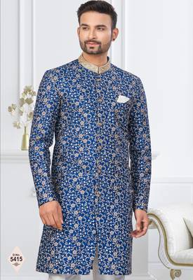 Blue silk blend embroidered sherwani set 2