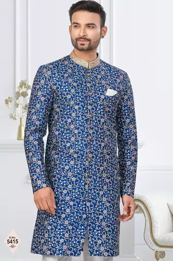 Blue silk blend embroidered sherwani set