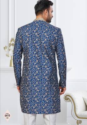 Blue silk blend embroidered sherwani set 3
