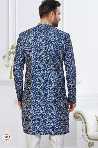 Blue silk blend embroidered sherwani set