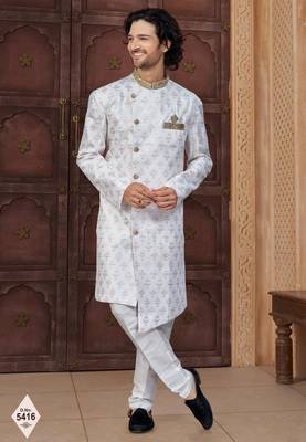 White faux jacquard embroidered sherwani set 1