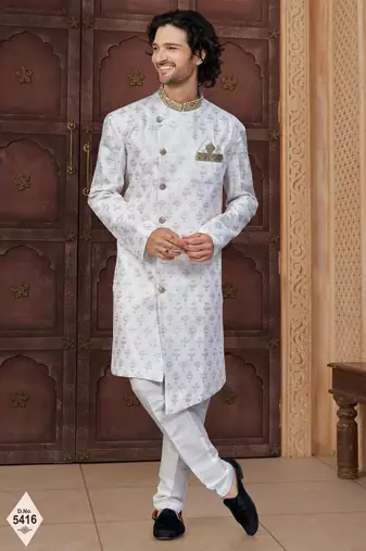 White faux jacquard embroidered sherwani set