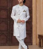 White faux jacquard embroidered sherwani set