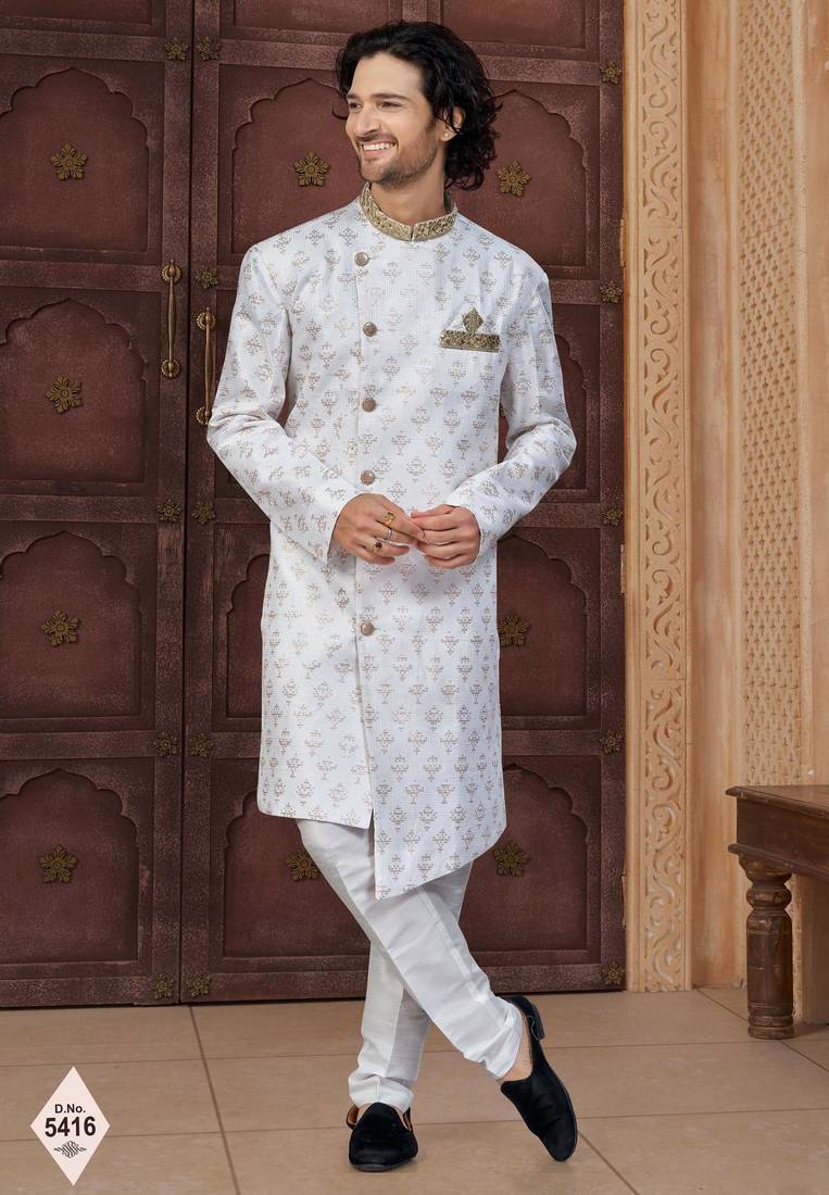 White faux jacquard embroidered sherwani set