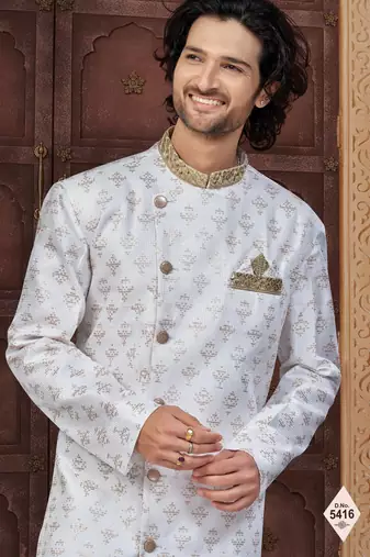 White faux jacquard embroidered sherwani set