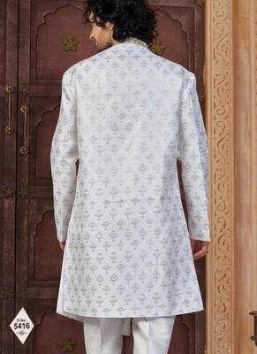 White faux jacquard embroidered sherwani set 3