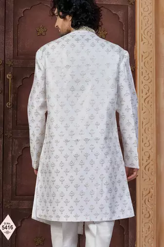 White faux jacquard embroidered sherwani set