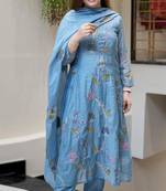  Cotton Thread Work Straight Kurta, Pant and Dupatta Set