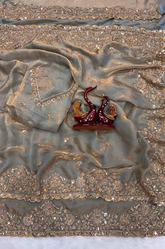 Grey Color Embroidered Space Silk Blend Saree