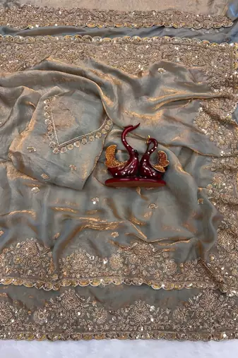 Grey Color Embroidered Space Silk Blend Saree