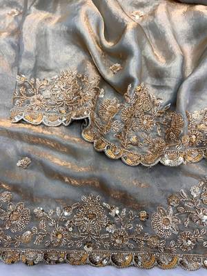 Grey Color Embroidered Space Silk Blend Saree 2
