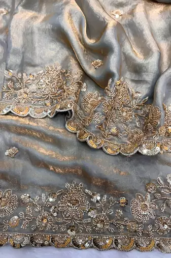 Grey Color Embroidered Space Silk Blend Saree