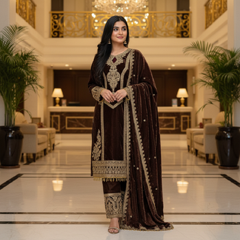 Coffee velevt fabric  embroidery work suit 1