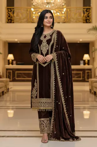 Coffee color velevt fabric designer embroidery work suit