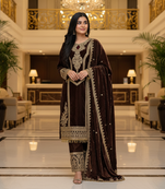 Coffee color velevt fabric designer embroidery work suit