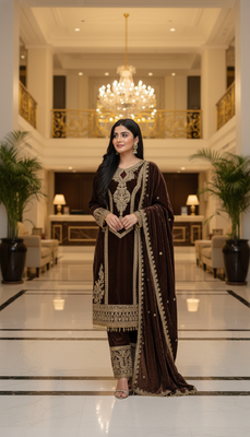 Coffee velevt fabric  embroidery work suit 3