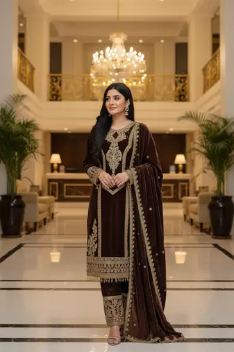 Coffee velevt fabric designer embroidery work suit