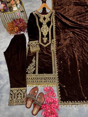 Coffee velevt fabric  embroidery work suit 4