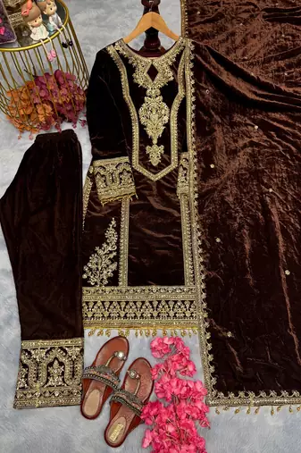 Coffee velevt fabric designer embroidery work suit