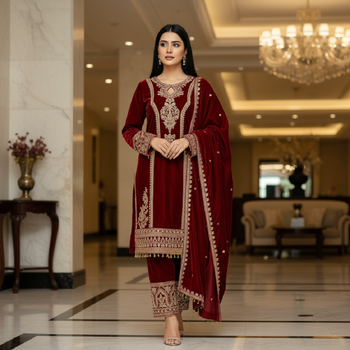 Maroon velevt fabric  embroidery work suit 1