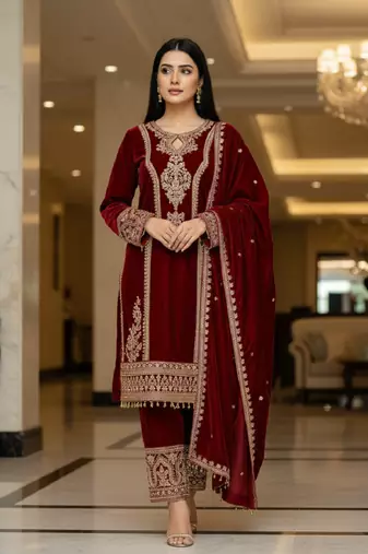Maroon color velevt fabric designer embroidery work suit