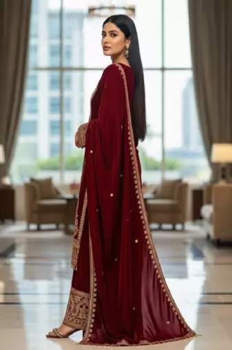 Maroon velevt fabric designer embroidery work suit