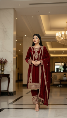 Maroon velevt fabric  embroidery work suit 4