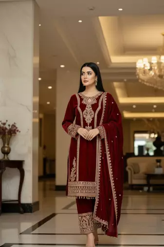 Maroon velevt fabric designer embroidery work suit