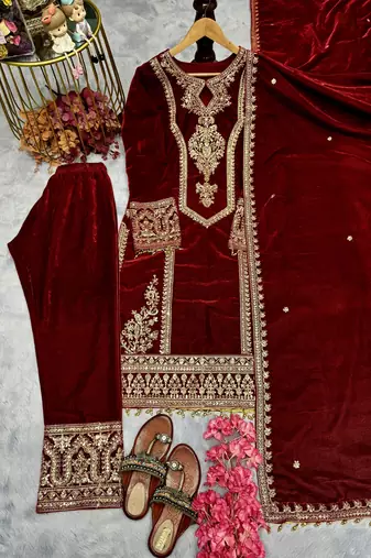 Maroon velevt fabric designer embroidery work suit