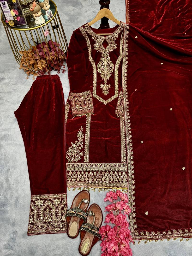 Maroon color velevt fabric designer embroidery work suit
